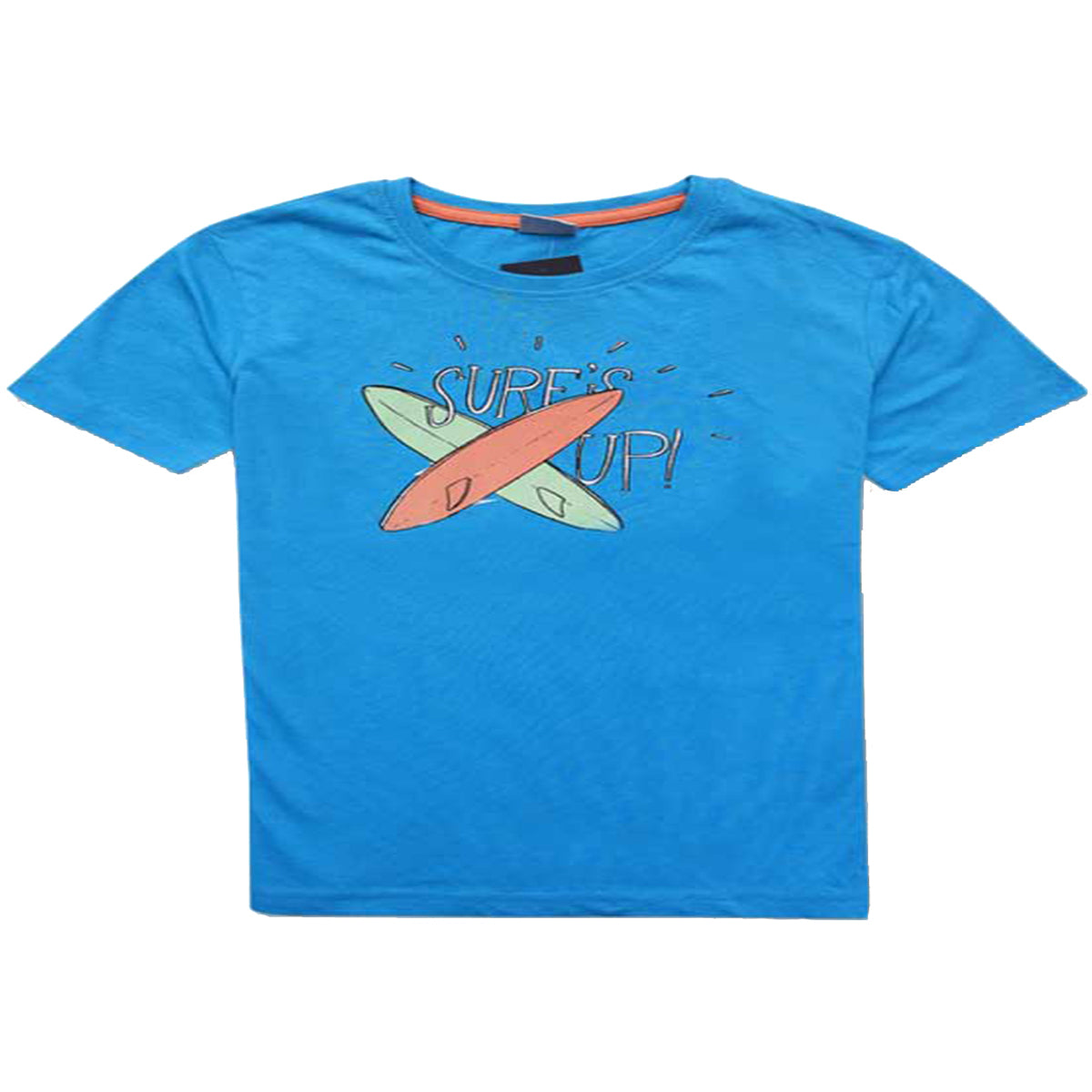 Boy's sky blue t-shirt with a 'Surf's Up' surfboard design for a fun and sporty summer look.