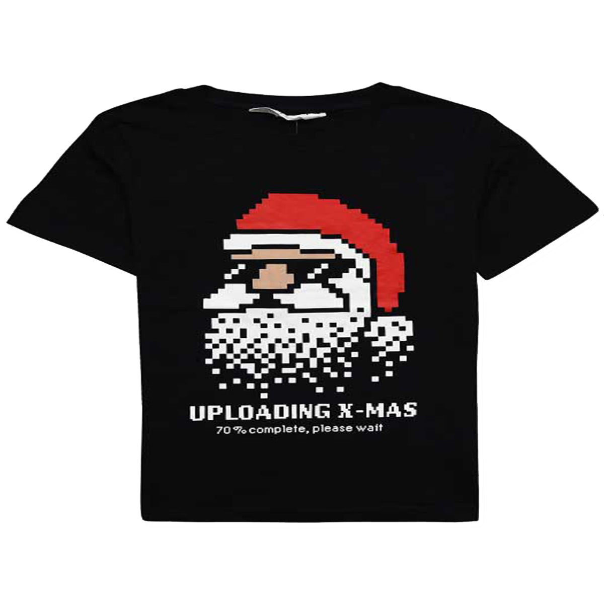 Boys black t-shirt with pixelated Santa design saying 'Uploading X-Mas.'